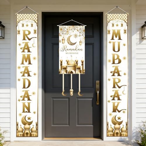 3 IN 1 LED Eid Mubarak Ramadan Banner Decorations, Light Up Mosque Lattern Islamic Mubarak Ramadan Party Favor Supplies Decorations for Outdoor Indoor (White) - Image 2