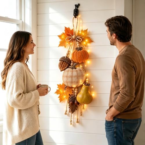 Rustic Harvest Wooden Door Hanger, Pumpkin Maple Fall Bowknot Wall Hanging Sign with Light Autumn Wreath Decorations, Wreath Farmhouse Porch Front Door Home Gift (Orange#3) - Image 3