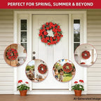 Red Artificial Geranium Wreath, 22 Inch Spring Summer Wreaths for Front Door with Blessed Hanging Sign, for Rustic Farmhouse Decor for Entryway, Porch, Balcony Decor - Image 5