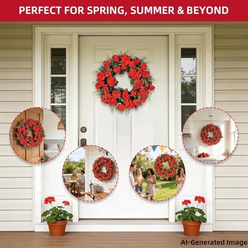 Red Artificial Geranium Wreath, 22 Inch Spring Summer Wreaths for Front Door with Blessed Hanging Sign, for Rustic Farmhouse Decor for Entryway, Porch, Balcony Decor - Image 5