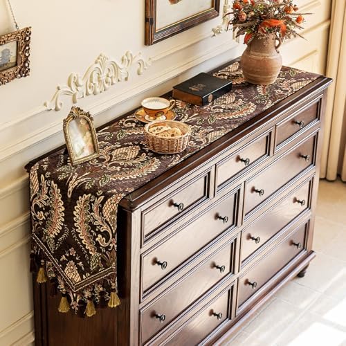 Floral Chenille Dresser Runner 55" Non-Slip with Tassels, Brown - Image 2