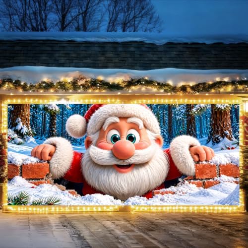 Christmas Garage Door Cover Santa Claus Winter Snow Scene Garage Door Banner 7x16 Ft, Funny Santa Peeking Over Brick Wall Holiday Garage Mural, Outdoor Christmas Dec for Home Garage Party Backdrop by THISFIND