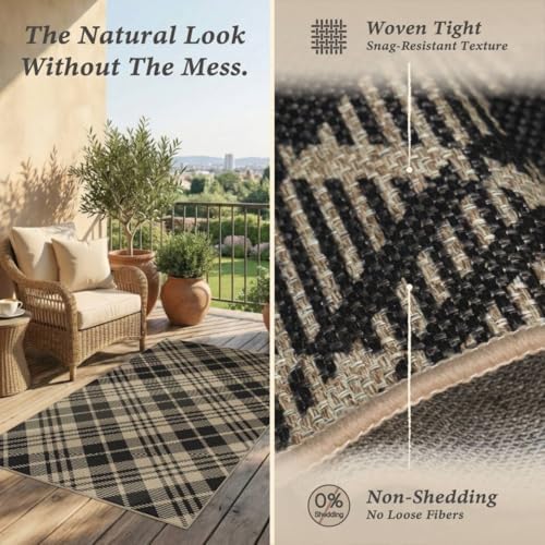 Easy Jute 2x6 Outdoor Runner Rug, Black & Beige Diagonal Plaid, Washable - Image 4