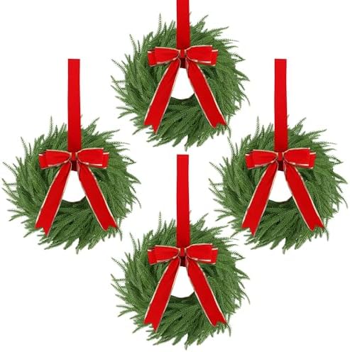4 Pcs Christmas Wreaths for Front Door, 15 Inch Fluffable Artificial Norfolk Pine Wreath with Red Bow, Easy to Shape for Full & Lush Look, Indoor Outdoor Holiday Decor by Unknown