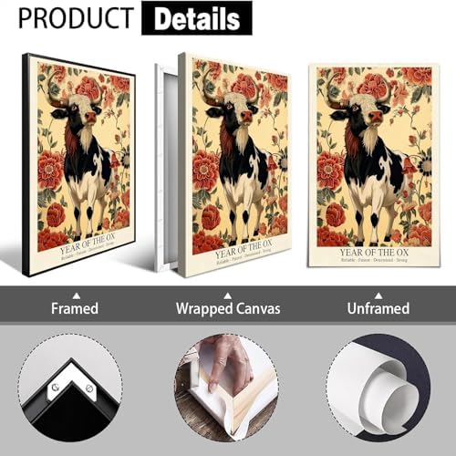 Chinese Lunar Year of the Ox Art Print – Traditional Oriental Home Decor with Red Floral Pattern Reliable Determined Strong Zodiac Wall Decor Aesthetic Family Wall Art 16X24 in Wrapped Framed - Image 2