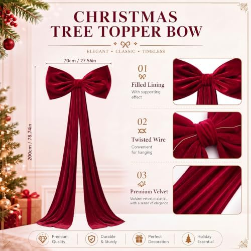 Canlierr Large Christmas Tree Topper Bow Decorations 27 x 78 in Velvet Red - Image 2