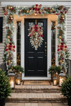 30" Christmas Teardrop Swag for Front Door Artificial Winter Swag Garland with Pine Cones, Berry Clusters, Burgundy Ball Ornaments and Ribbons for Thanksgiving Holiday Christmas Decoration - Image 4