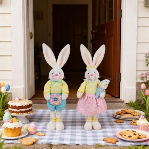 Glintoper 2 Pack Easter Decorations Standing Bunny with Stretchable Legs, 21" to 26" White Rabbits Couple Figurine, Party Favor Photo Props Gifts for Office Kitchen Farmhouse Front Door Spring Home - Image 6