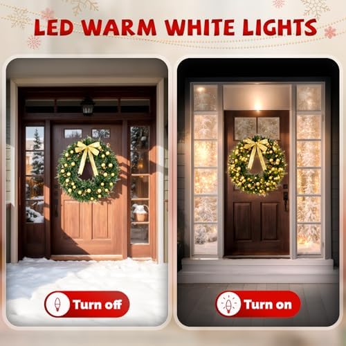 VINGLI 36 Inch Prelit Christmas Wreath, Lighted Christmas Wreath for Front Door, Window, Fireplaces, Indoor Decorate, with 100 LED Lights, 350 Tips, Bow, Pine Cones, Gold Ornaments (Plug-in) - Image 2