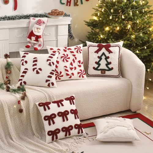 Christmas Tufted Throw Pillow Covers 18x18 Set of 2 Red Candy Cane - Image 6