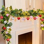 Norme 6ft Pink Red Heart Valentine's Day Garland with 60 LED Lights, Eucalyptus Leaf Banner Decor for Home, Stairs, Table, Fireplace, Holiday Festival Party Decorations by Norme