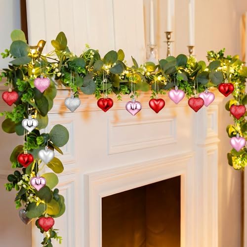 Norme 6ft Pink Red Heart Valentine's Day Garland with 60 LED Lights, Eucalyptus Leaf Banner Decor for Home, Stairs, Table, Fireplace, Holiday Festival Party Decorations by Norme