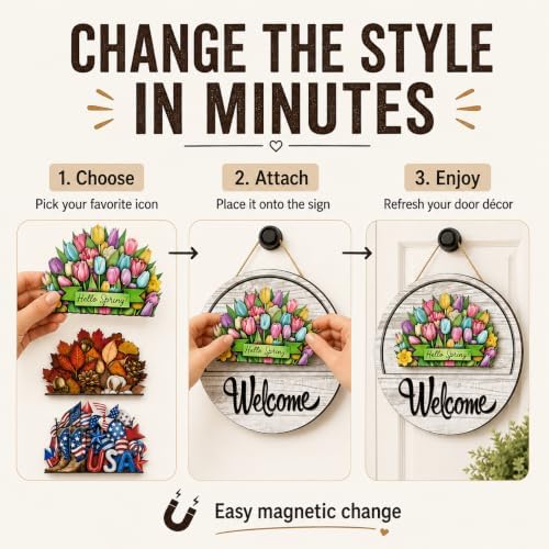 16 Pcs Interchangeable Welcome Sign for Front Door, 12 Inch Wooden Round Door Hanger with 15 Magnetic Seasonal Icons, Farmhouse Porch Entryway Decor for Holiday & Year Round，1Set - Image 5