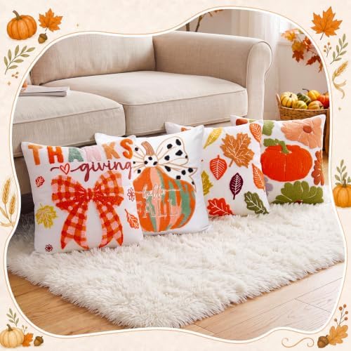 Mixweer 4 Pcs Fall Pillow Covers Set, 18 x 18 Inch Embroidered Autumn Throw Pillow Cases, Harvest Thanksgiving Square Throw Cushion Cover for Couch Sofa Bed Home Decoration - Image 6