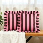 vctops Ruffle Square Throw Pillow Covers Boho Pink and Red Striped Decorative Pillowcases Set of 2, Soft Velvet Accent Cushion Cover Cases for Sofa Bed Living Room Decor (Pink Coffee,18"x18") by vctops