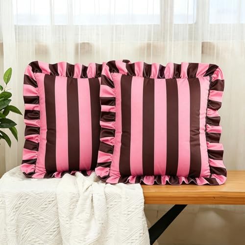 vctops Ruffle Square Throw Pillow Covers Boho Pink and Red Striped Decorative Pillowcases Set of 2, Soft Velvet Accent Cushion Cover Cases for Sofa Bed Living Room Decor (Pink Coffee,18"x18") by vctops