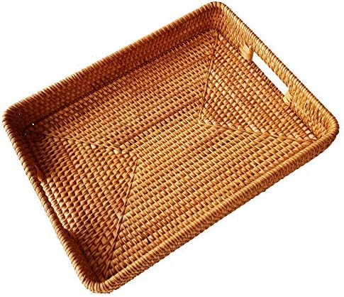 i-lan 15 Inch Large Size Handwoven Serving Tray, Decorative Rectangular Rattan Basket Bread Trays with Handles and 2.3”Wall, Vintage Organizer Plate Wicker Basket Tray for Dessert, Snack, Candy, L by ilan
