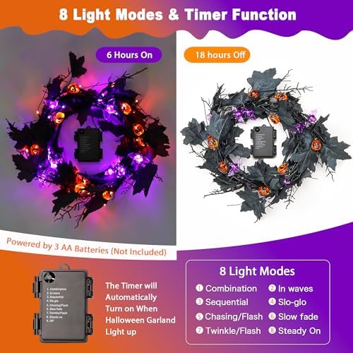9FT 72 LED Halloween Willow Vine Twig Decor Black Halloween Garland with Pumpkin Bat Orange & Purple Light, 8 Modes Waterproof Battery Operated Halloween Lights Indoor Halloween Decorations Wall Table - Image 3