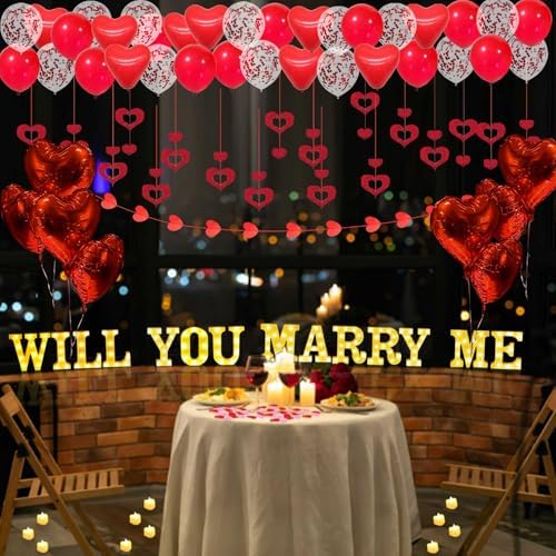 Will You Marry Me Light Up Letters Proposal Decorations, 14Pcs 6.3" Sign with 24Pcs Flameless Heart Candles 2000Pcs Red Artificial Rose Petals 45Pcs Latex Balloons 10Pcs Heart Balloon Valentine's Day - Image 3