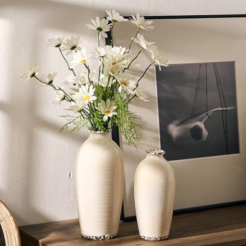 PORCER Ceramic Vases for Home Decor, Ice Crackle Aged White Vintage Ceramic Vase Set of 2, Minimalist Decorative Vase for Table Centerpiece Dining Living Room Office Nightstand Fireplace Decoration - Image 4