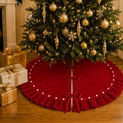 Red Velvet Christmas Tree Skirt with Ruffled Edge&Pearl,60" - Image 2