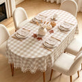 Beige Gingham Oval Tablecloth, Cotton Linen Texture, 60"x102" by Pavorin