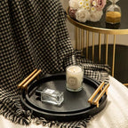Decorative Serving Trays, Set of 2 Wood Modern Crocodile Leather Round Tray with Polished Metal Handles, Decorative Trays Coffee Table Tray Ottoman Platter for Home Decor (Black) - Image 7