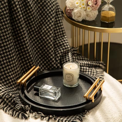 Decorative Serving Trays, Set of 2 Wood Modern Crocodile Leather Round Tray with Polished Metal Handles, Decorative Trays Coffee Table Tray Ottoman Platter for Home Decor (Black) - Image 7