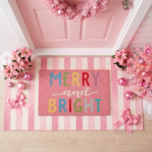 Moucuny 2 Pcs Christmas Door Mat Outdoor, Pink Merry and Bright, Non Slip by Moucuny