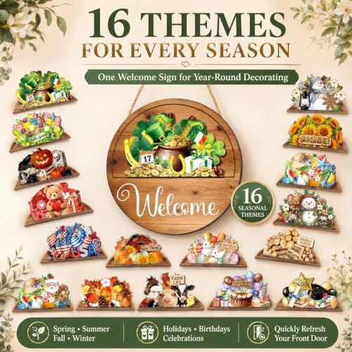 Interchangeable Seasonal Welcome Door Sign for Front 16 Pcs Wooden Hanging - Image 2