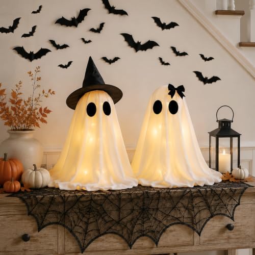 Halloween Decor Set: 2 Light Up Ghosts, Cobweb Scarf & 28 Pcs Bat Stickers - Image 6