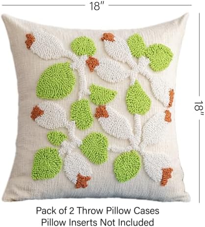Summer Floral Throw Pillow Covers 18x18 Inch Set of 2, Chenille Embroidered Pillowcase with 3D Tufted White Flowers and Green Leaves, Boho Decorative Cushion Covers for Couch Sofa Bed - Image 2