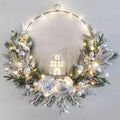 prelit Christmas Hoop Wreath with Lighted House,Farmhouse Winter Wreath with Lights,16inch Silver White Christmas Wreath for Front Door, Winter Xmas Holiday Porch Decor,Modern Mantel Decoration Gift by Vofuly
