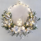 prelit Christmas Hoop Wreath with Lighted House,Farmhouse Winter Wreath with Lights,16inch Silver White Christmas Wreath for Front Door, Winter Xmas Holiday Porch Decor,Modern Mantel Decoration Gift by Vofuly