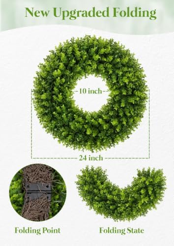 24 Inch Artificial Boxwood Wreath for Front Door, UV Resistant Outdoor Green Wreath, Waterproof Resistant Spring Summer Farmhouse Porch Wall Large Door Wreath for Home Wedding Indoor Decor - Image 3