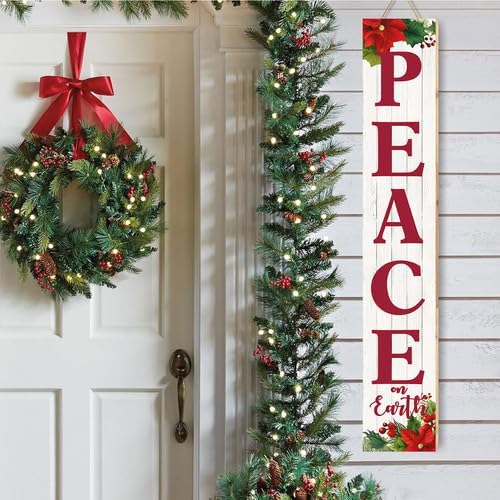 SRongmao Peace on Earth Porch Sign Christmas Front Door Hanging Decorations 8x48inch Vertical Wooden Indoor Outdoor Standing Signs For Home Yard Farmhouse Holiday Decor - Image 4