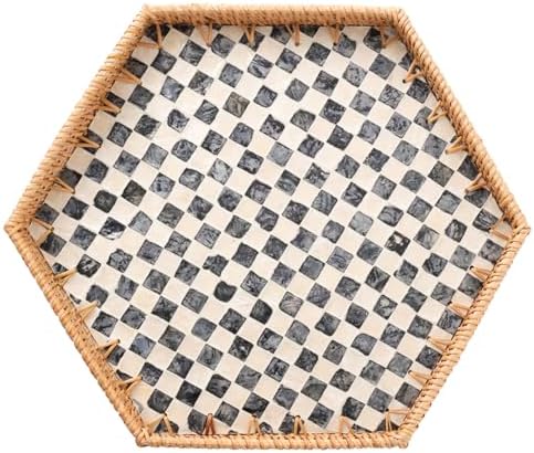 Hexagon Rattan Tray with Mother of Pearl Inlay, Rattan Serving Tray for Coffee, Bread, Fruits, Snacks, Decorative Wicker Tray for Table Decor, Home Decor (Black Checker, 14.5"×12.8") by Tynulox