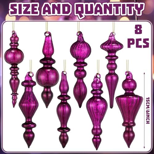 Mifoci 8 Pcs 6 Inch Mercury Glass Finial Christmas Ornaments,Dark Purple - Image 2