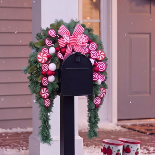 Yinder 24" W Christmas Mailbox Wreath Swag with Red White Bow, LED Lights - Image 6