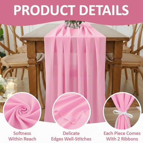 MDS Pack of 12 | Rose Pink | 10ft Chiffon Table Runner 29x120 Inches Long Romantic Rustic Sheer Gauze Runner for Wedding Bridal Shower Birthday Banquets Engagement Spring Easter Boho Decorations - Image 5