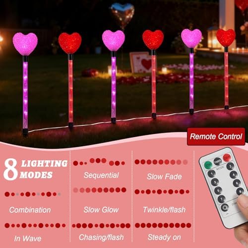 YUNVI 6 Pack Valentine's Day Pathway Lights,8 Modes LEDs Red&Pink Heart Stake Light with Timer Valentine Walkway String Lights Markers for Outdoor Backyard Patio Lawn Garden Party Decoration - Image 3