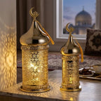TRIROCKS Metal Ramadan Lanterns Set of 2 Gold Plated Candle Holders 14" &11.5" H Crescent Moon Intricate Etched Vintage Decor Table Lamps for Indoor/Outdoor Decor, Perfect EID Mubarak Gift - Image 3