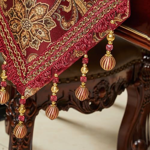 Luxury Vintage Design Table Runner 90 inches Long Embroidery Jacquard Fabric with Multi-Tassels Table Runners for Dining Room Dresser Christmas Thanksgiving Party Decorations (Red, 12X90inch) - Image 4