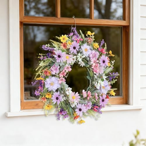 Spring Summer Wildflower Daisy Wreath for Front Door 18 Inch Artificial Colorful Flower Wreath for Indoor Outdoor Wall Festival Easter Home Farmhouse Wedding Decor - Image 5