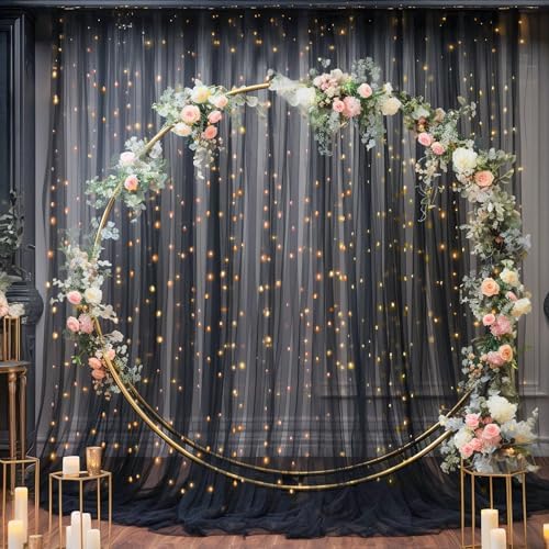 10x10ft Black Tulle Backdrop Curtain with Lights String for Parites, Sheer Photo Backdrop Drapes for Wedding Baby Shower Birthday Party Photo Shoot Decorations - Image 5