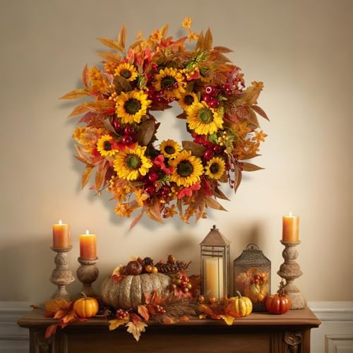 24 Inch Harvest Fall Wreaths for Front Door with Sunflower and Red Berries - Image 5