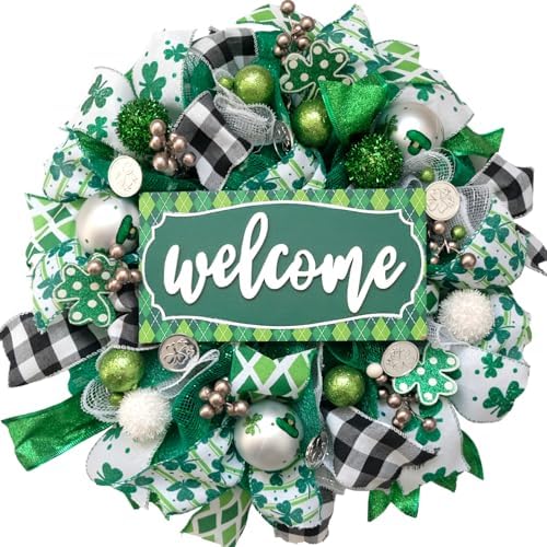 St. Patrick’s Day Front Door Decorations 20" Artificial Mesh Wreath Green Lucky Shamrock Clover Spring Summer Wreath with Welcome Board for Outdoor Indoor Farmhouse Wall Window Party Festival Decor by idyllic