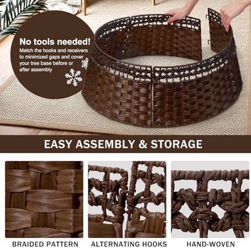 26in Christmas Tree Collar, Natural Woven Rustic & Farmhouse Holiday Decoration, 5-Piece Rattan Tree Skirt Ring Accessory for Xmas Artificial Trees(Brown) - Image 4