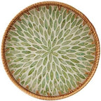 Round Rattan Tray with Mother of Pearl Inlay, Rattan Serving Tray with Wooden Base, Decorative Wicker Basket for Table Decor, Storage and Display of Coffee Bread Food Fruit (Leaf 13.5") by Kmelep