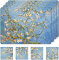 Set of 4 Heat Resistant Cork Placemats for Dining Table with Free Set of 4 Matching Drink Coasters Van Gough Blue Botanical Design 16 x 12 Inches Cork Backed Hard Placemats (Almond Blossoms) by Moderry